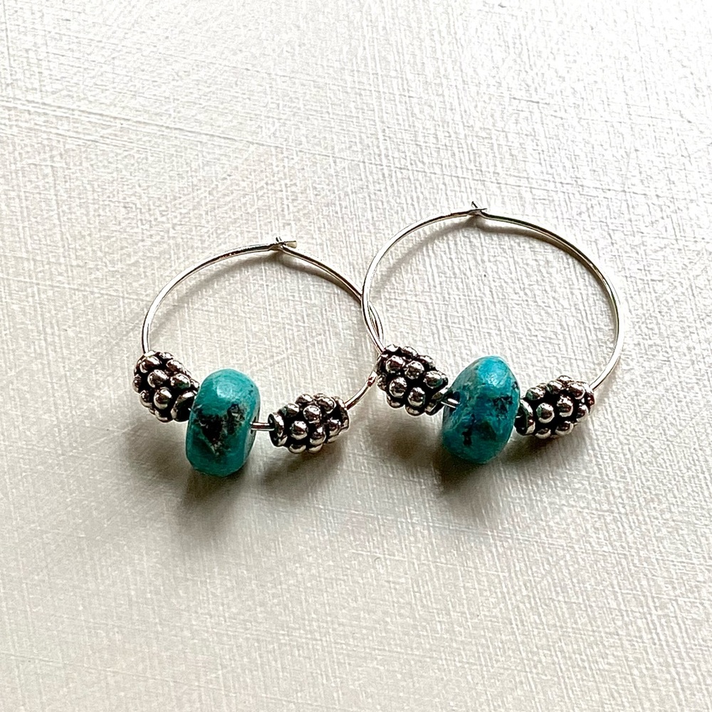 Handcrafted Turquoise and Sterling Silver Hoop Earrings